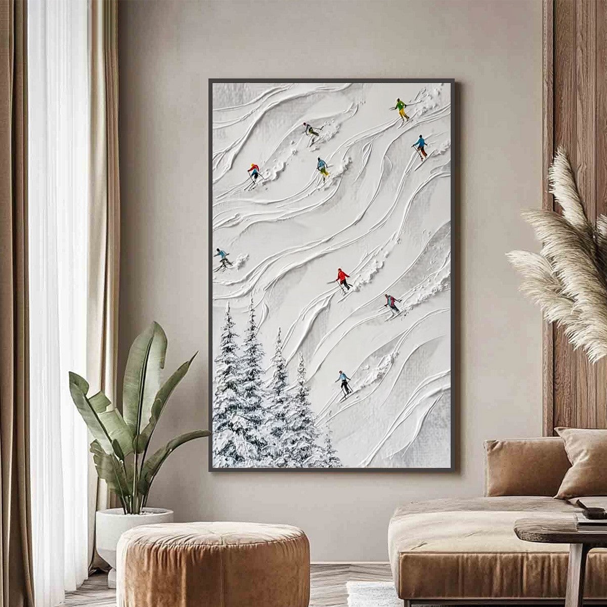 ALPINE RUSH: Textured Impasto Painting of Skiers on a Snowy Mountain - Image 4