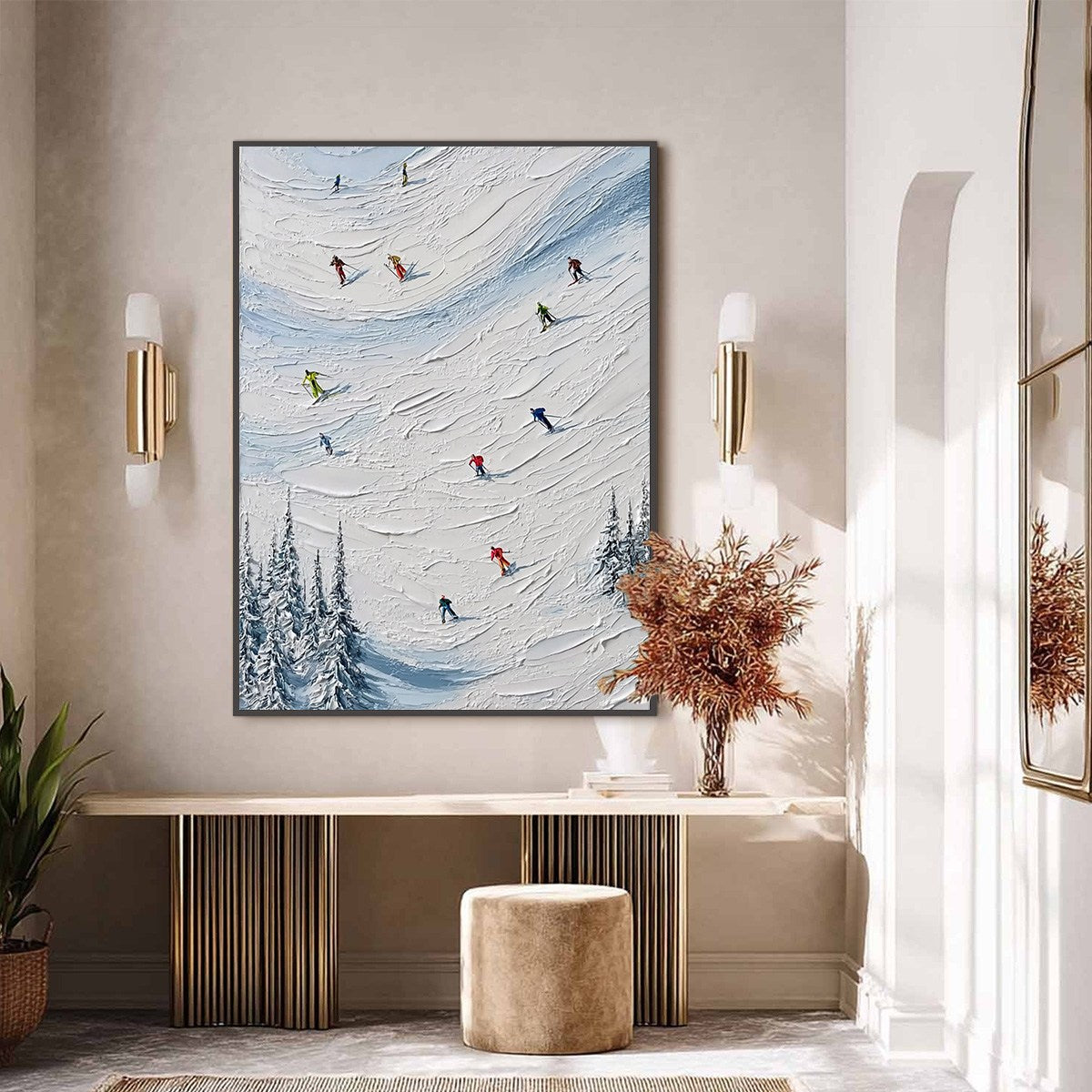 ALPINE RUSH: Textured Impasto Painting of Skiers on a Snowy Mountain - Image 6