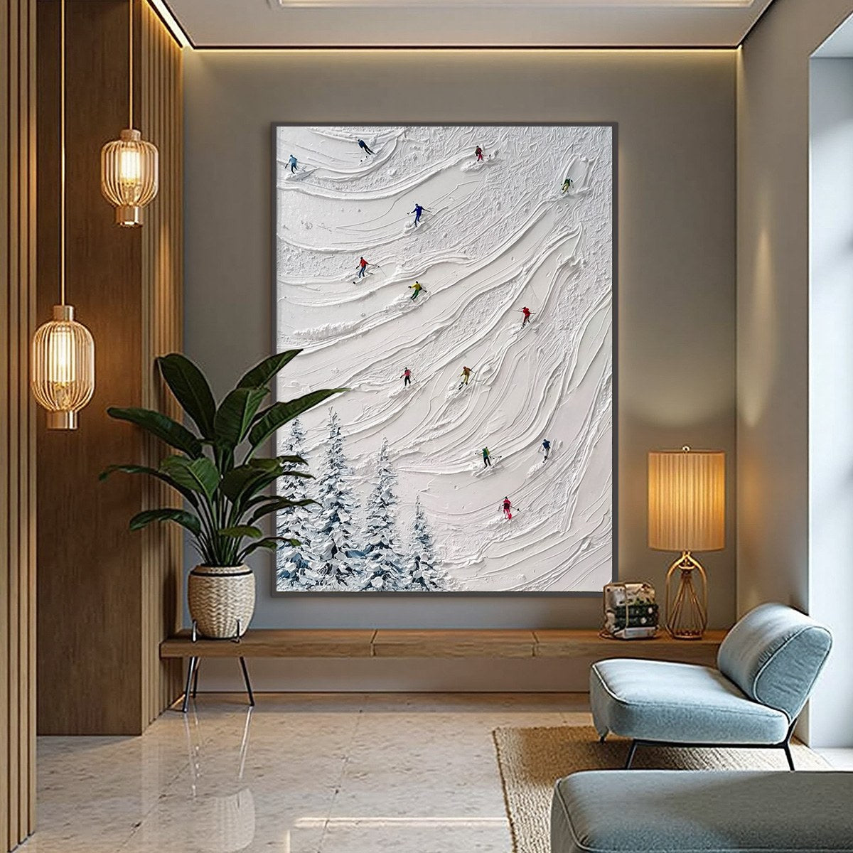 ALPINE RUSH: Textured Impasto Painting of Skiers on a Snowy Mountain - Image 2