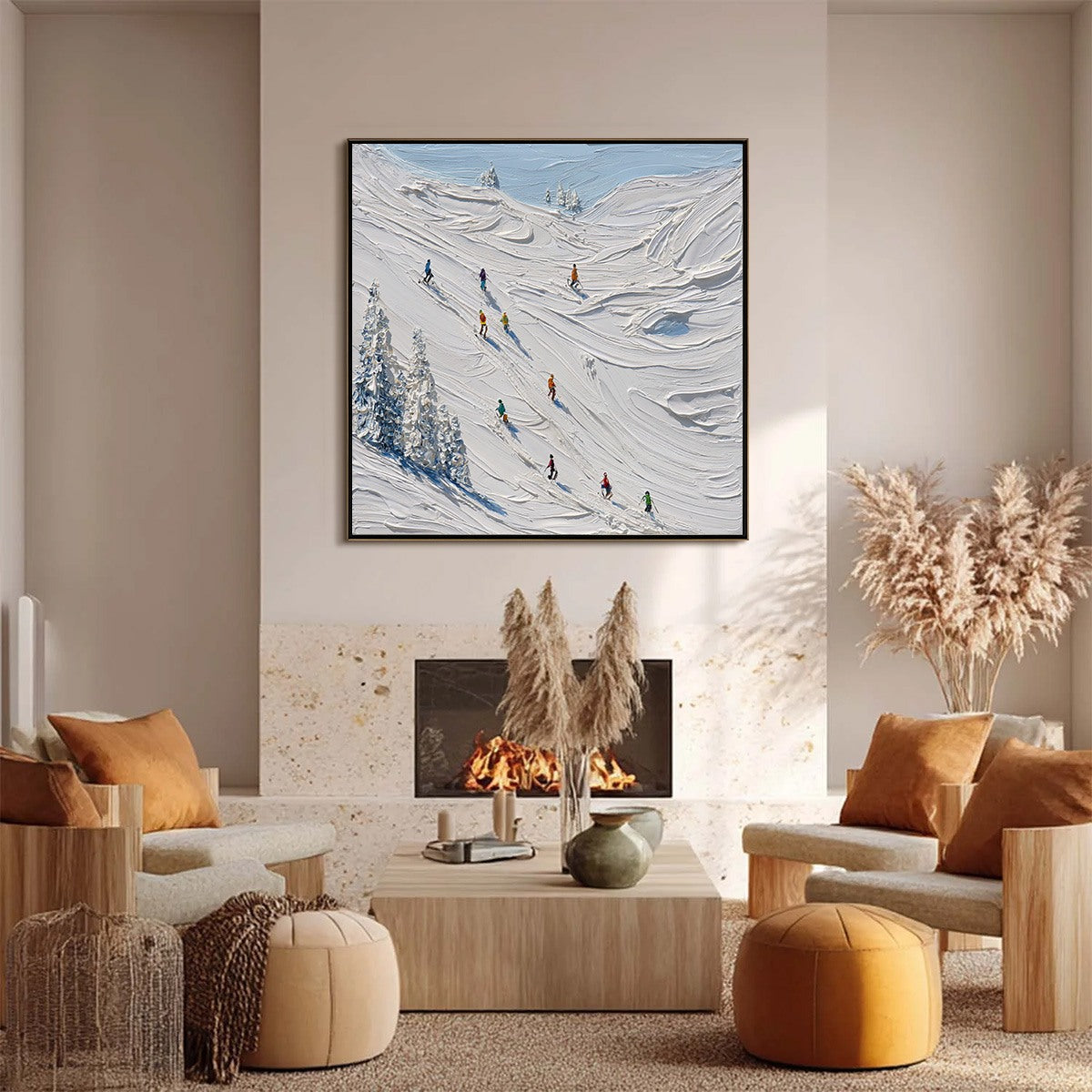 ALPINE RUSH: Textured Impasto Painting of Skiers on a Snowy Mountain - Image 6