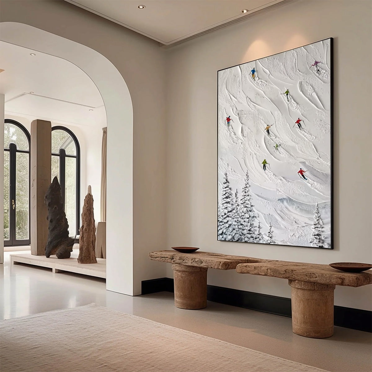 ALPINE RUSH: Textured Impasto Painting of Skiers on a Snowy Mountain - Image 7