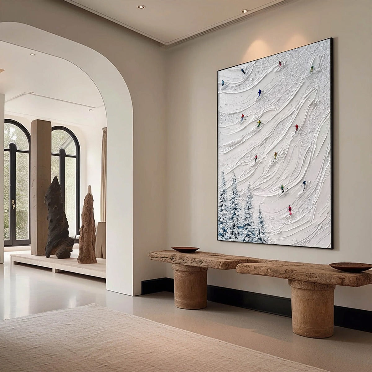 ALPINE RUSH: Textured Impasto Painting of Skiers on a Snowy Mountain - Image 7