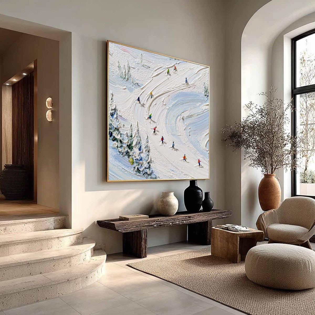 ALPINE RUSH: Textured Impasto Painting of Skiers on a Snowy Mountain - Image 8