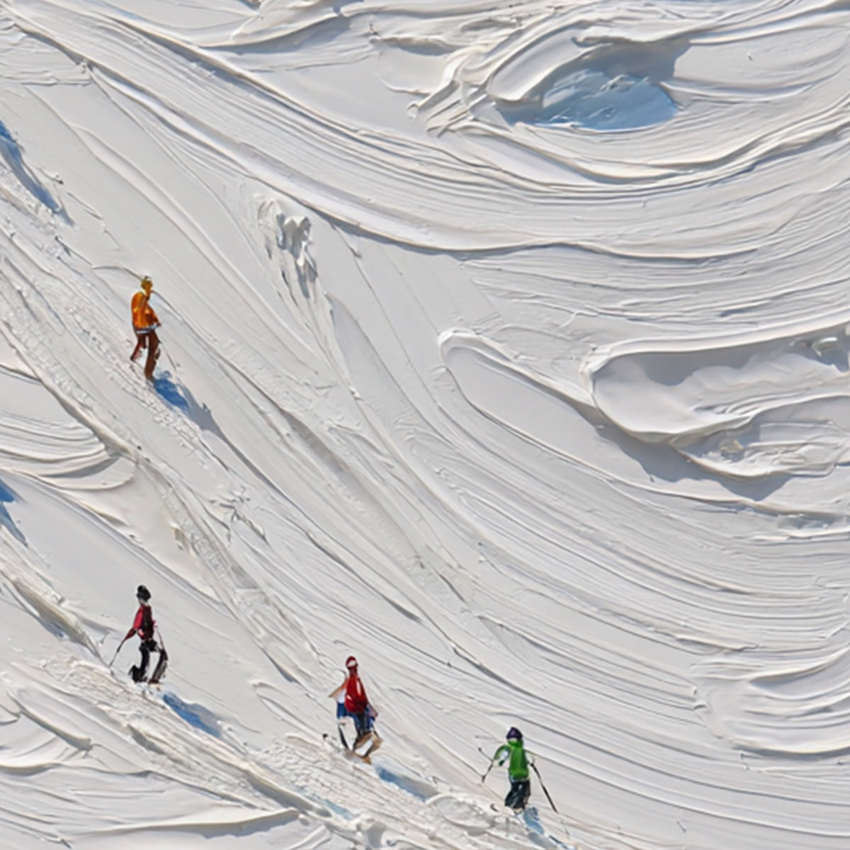 ALPINE RUSH: Textured Impasto Painting of Skiers on a Snowy Mountain - Image 3