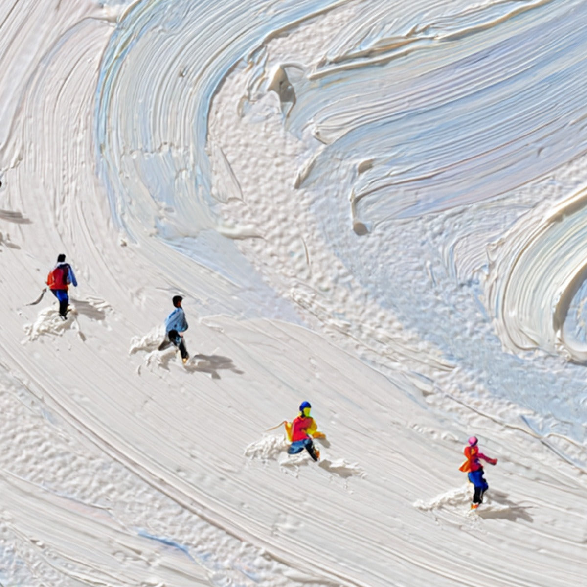 ALPINE RUSH: Textured Impasto Painting of Skiers on a Snowy Mountain - Image 3