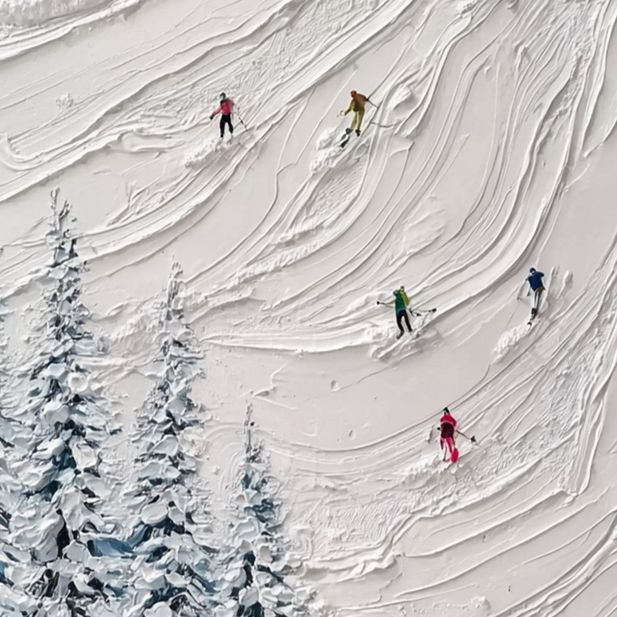 ALPINE RUSH: Textured Impasto Painting of Skiers on a Snowy Mountain - Image 3