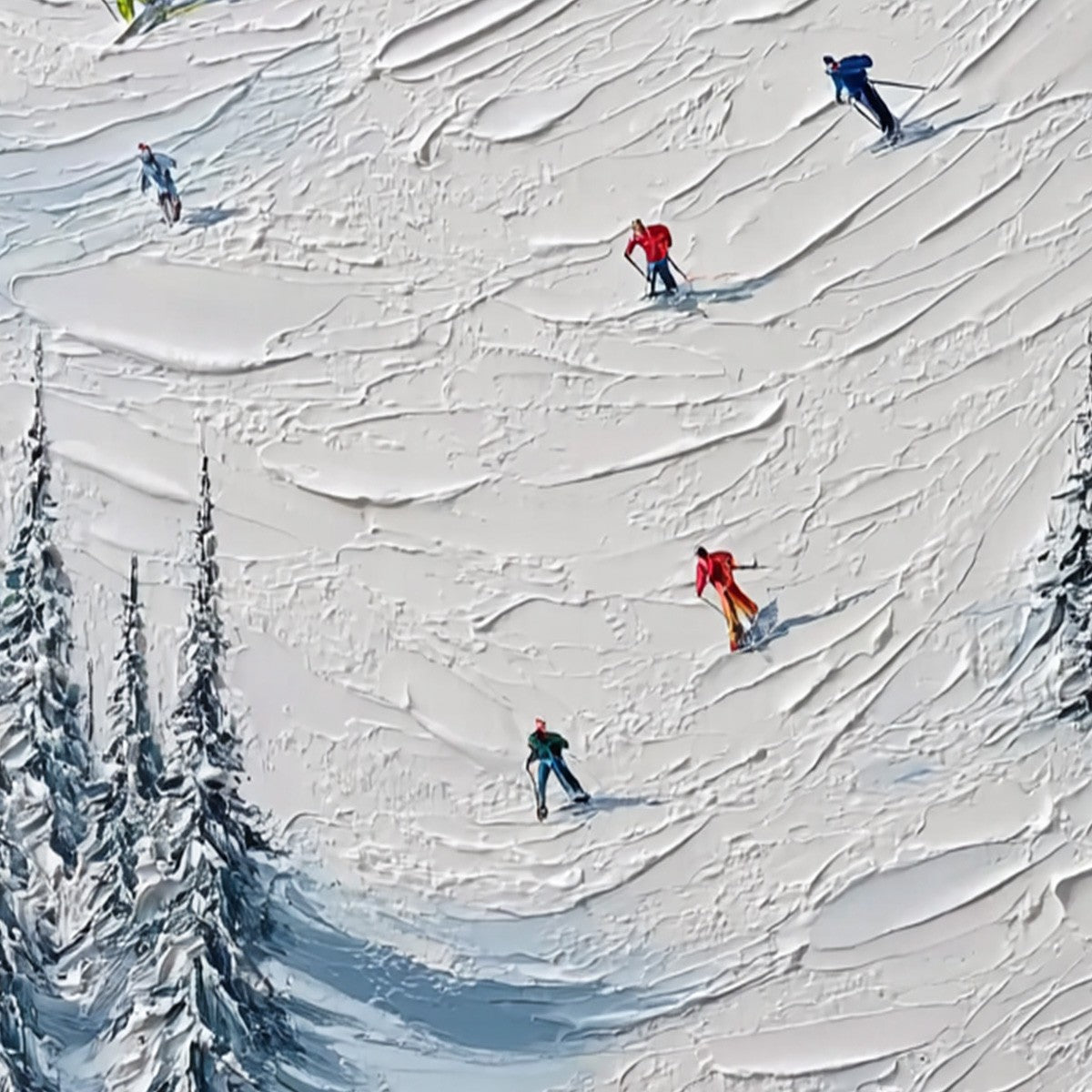 ALPINE RUSH: Textured Impasto Painting of Skiers on a Snowy Mountain - Image 3