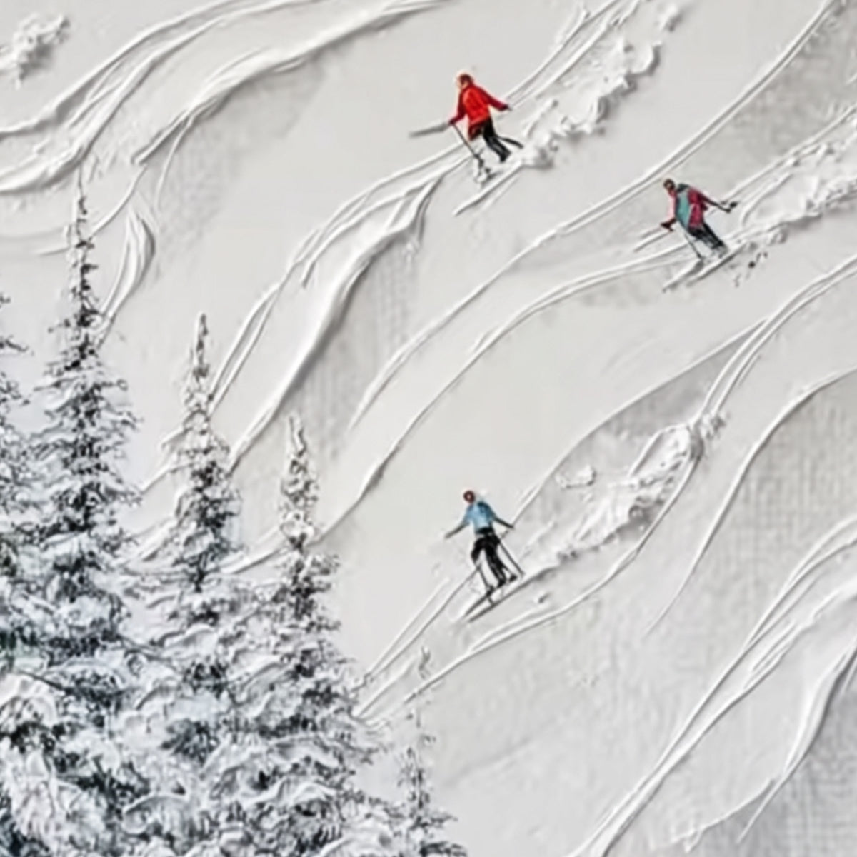 ALPINE RUSH: Textured Impasto Painting of Skiers on a Snowy Mountain - Image 3