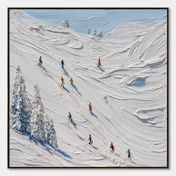 ALPINE RUSH: Textured Impasto Painting of Skiers on a Snowy Mountain