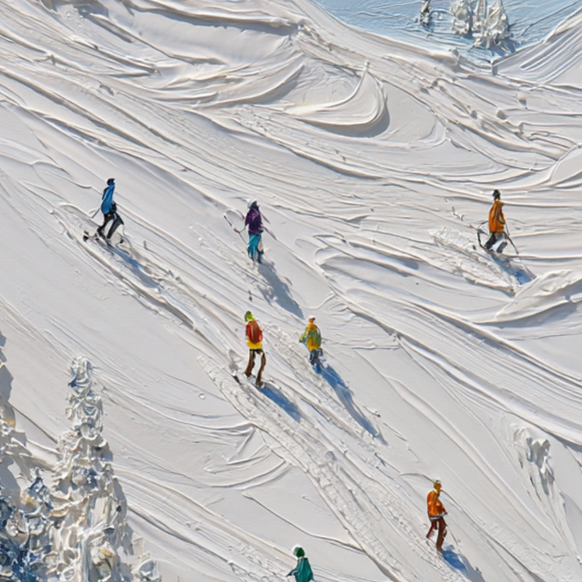 ALPINE RUSH: Textured Impasto Painting of Skiers on a Snowy Mountain - Image 5