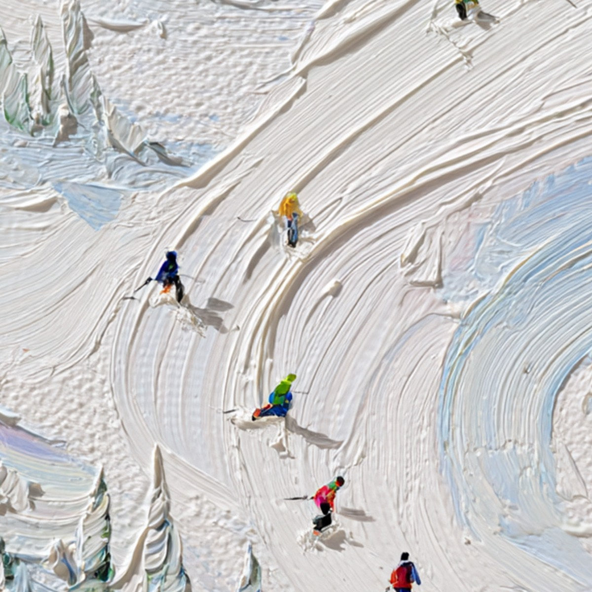 ALPINE RUSH: Textured Impasto Painting of Skiers on a Snowy Mountain - Image 5