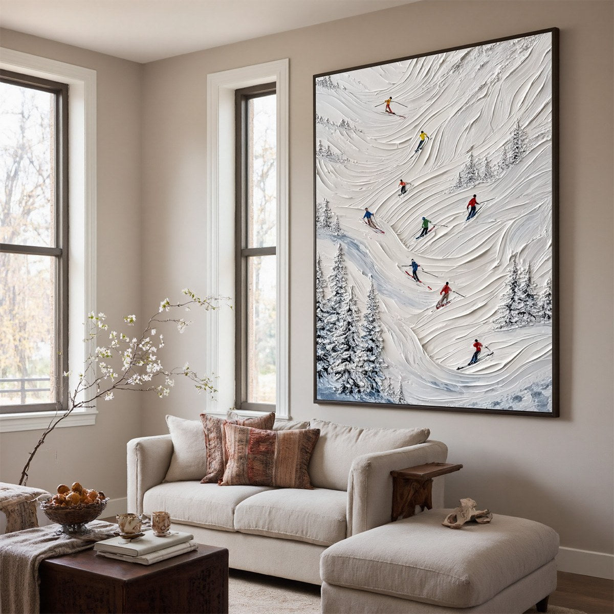 ALPINE RUSH: Textured Impasto Skiing on Mountain Slope Painting - Image 7