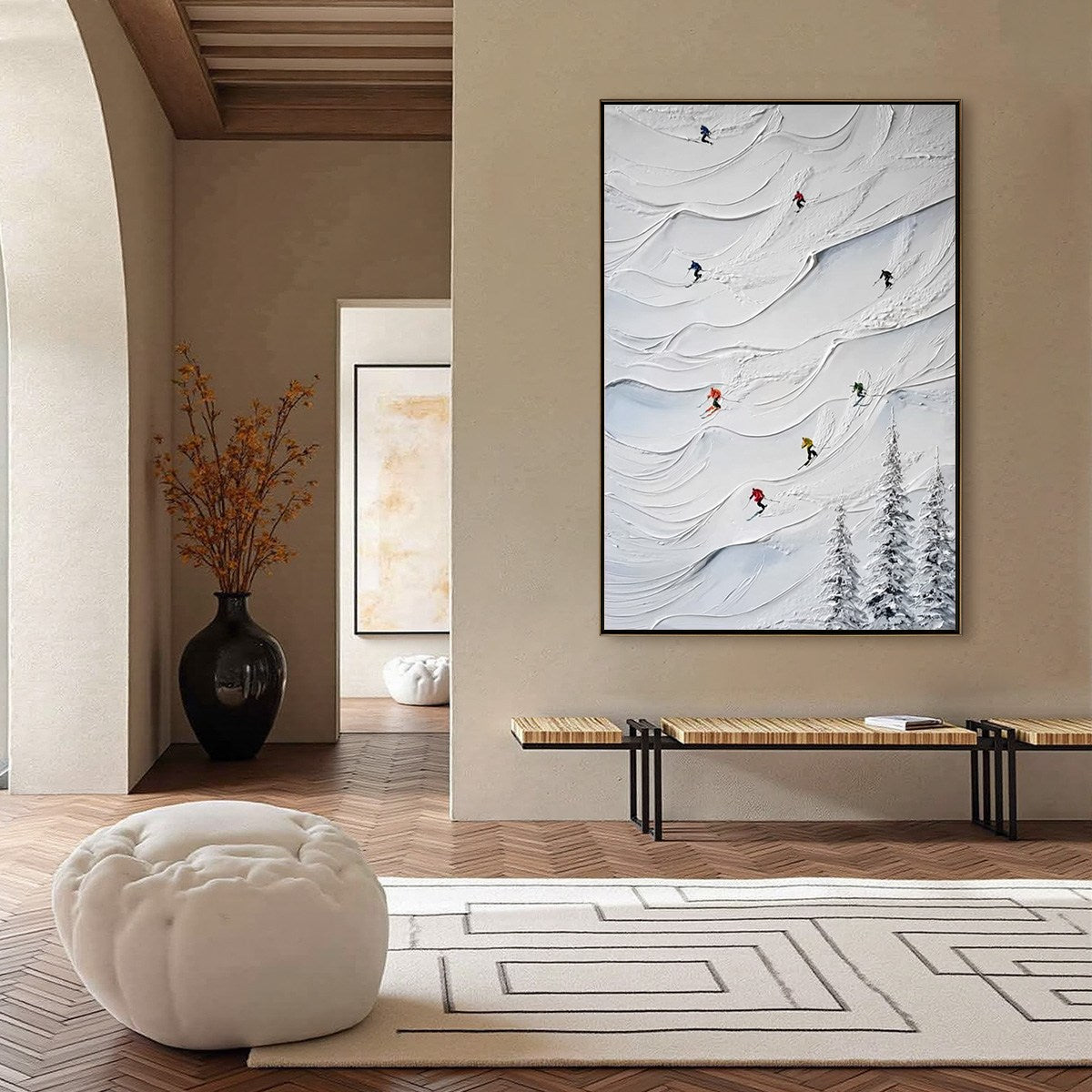 ALPINE RUSH: Textured Impasto Skiing on Snowy Mountain Oil Painting - Image 4