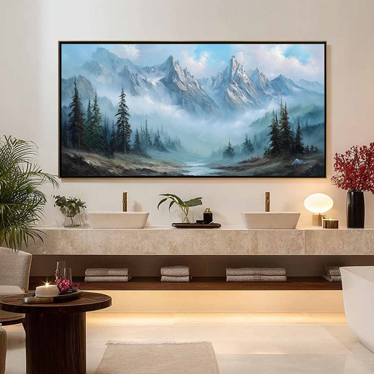 ALPINE WHISPER: Traditional Mountains and Valley Oil Painting - Image 2