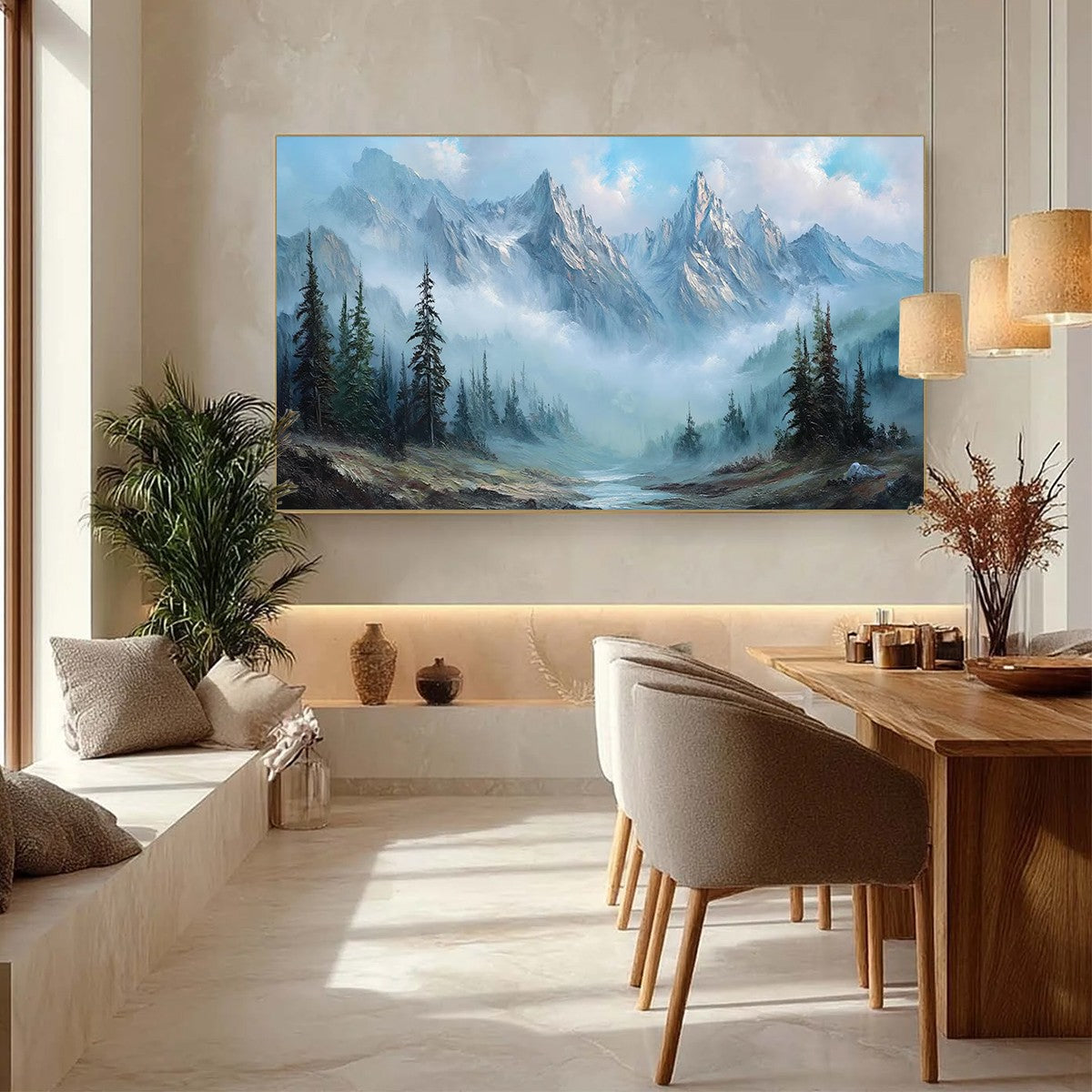 ALPINE WHISPER: Traditional Mountains and Valley Oil Painting - Image 4