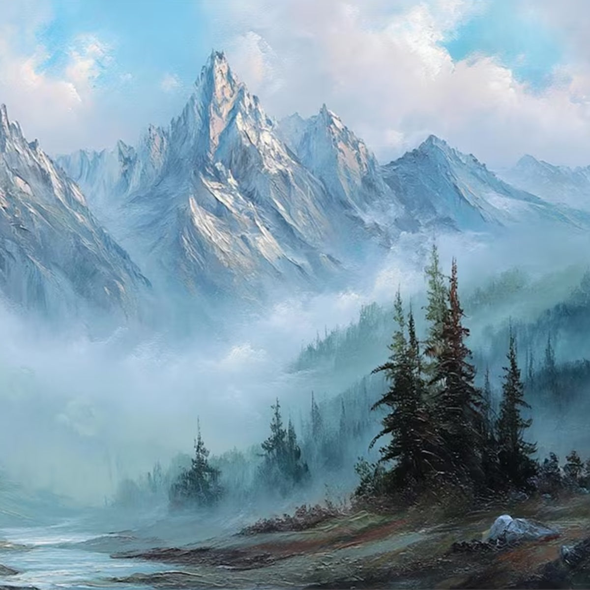 ALPINE WHISPER: Traditional Mountains and Valley Oil Painting - Image 3