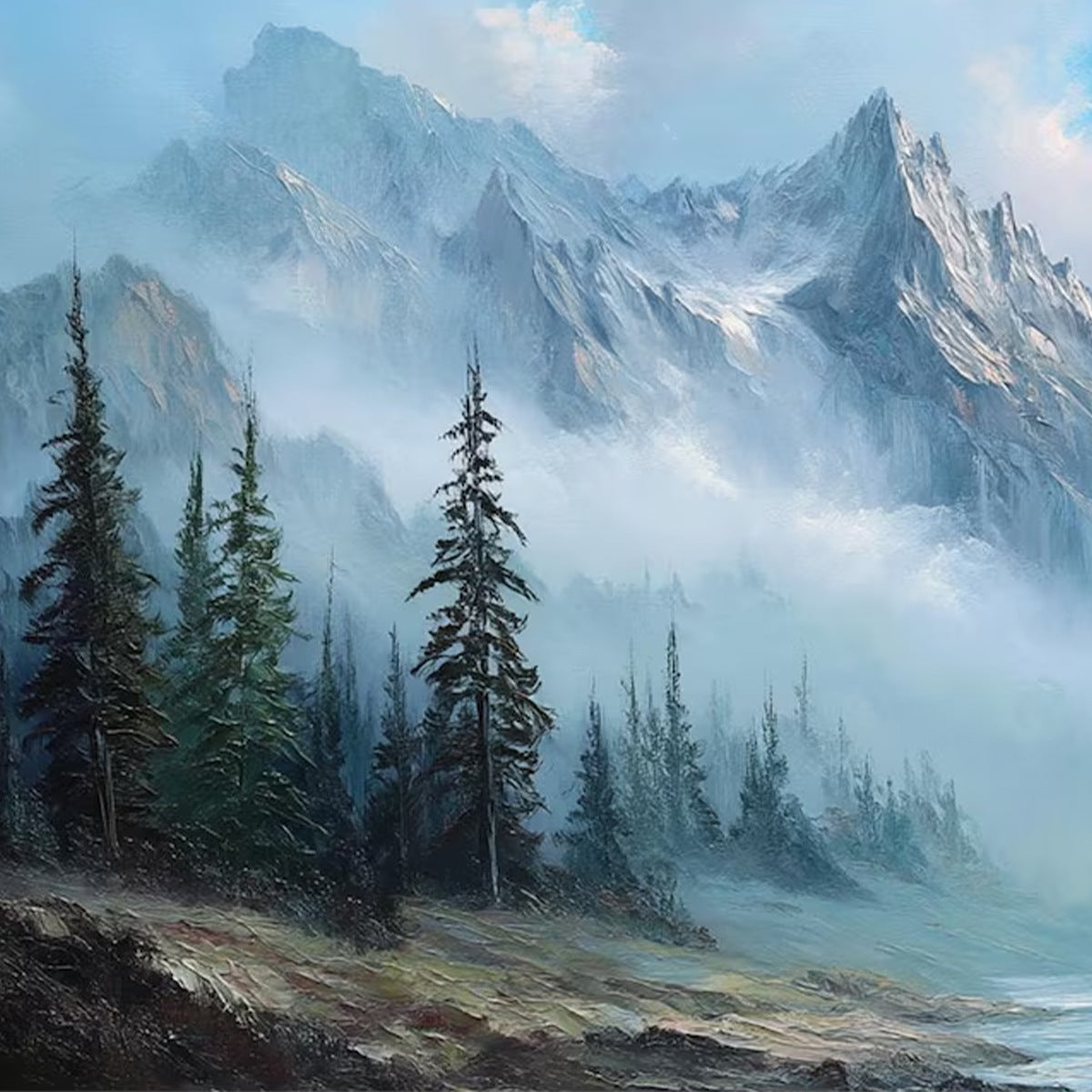ALPINE WHISPER: Traditional Mountains and Valley Oil Painting - Image 5