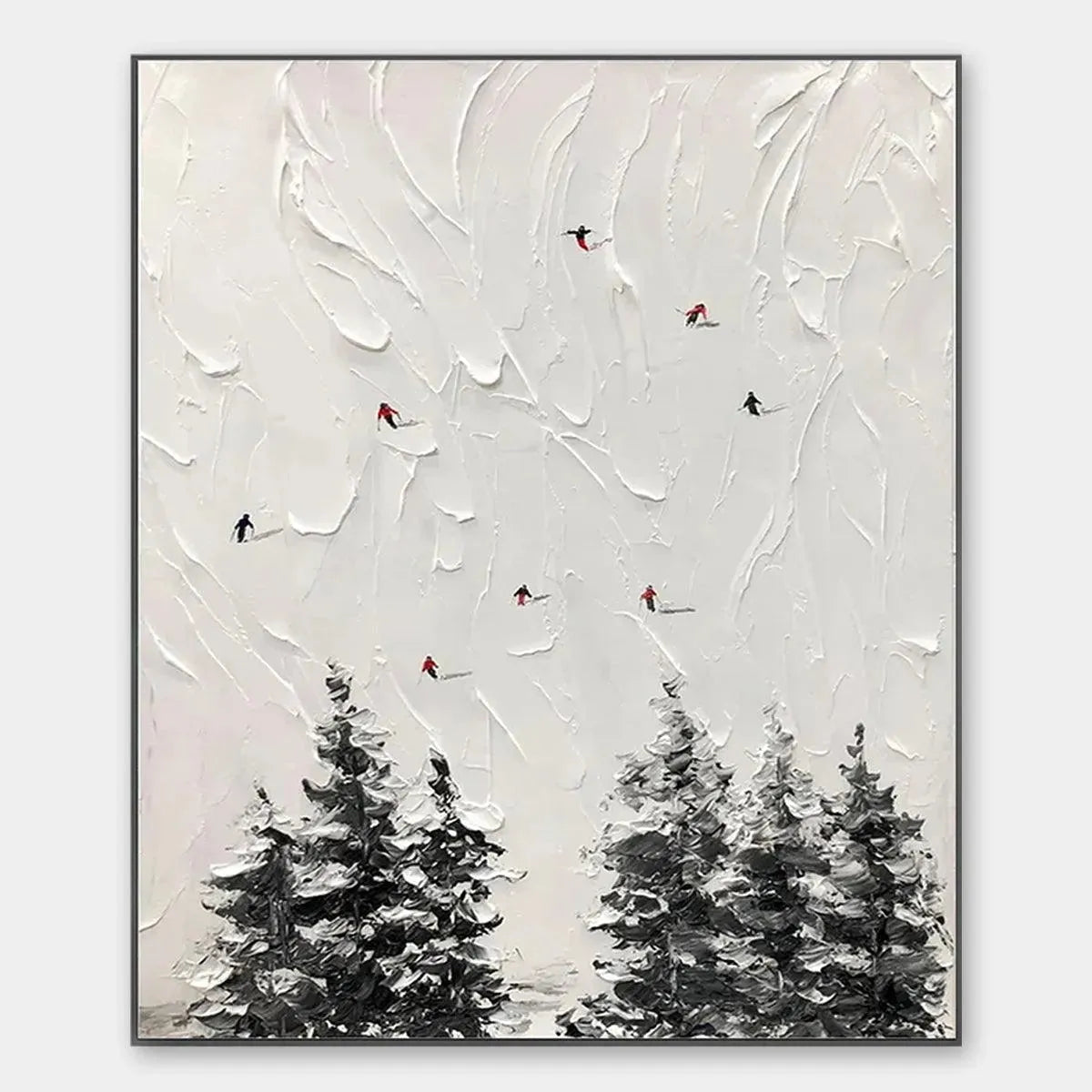 ALPINE SKI: Textured Minimalist Ski Scene Painting in Black and White