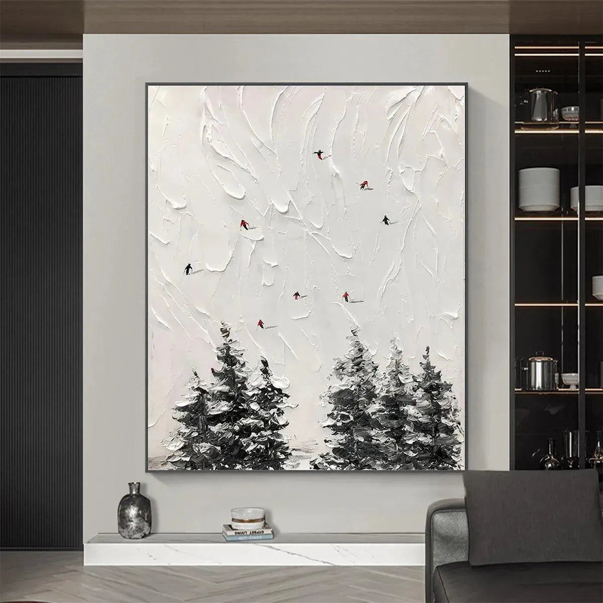 ALPINE SKI: Textured Minimalist Ski Scene Painting in Black and White - Image 2