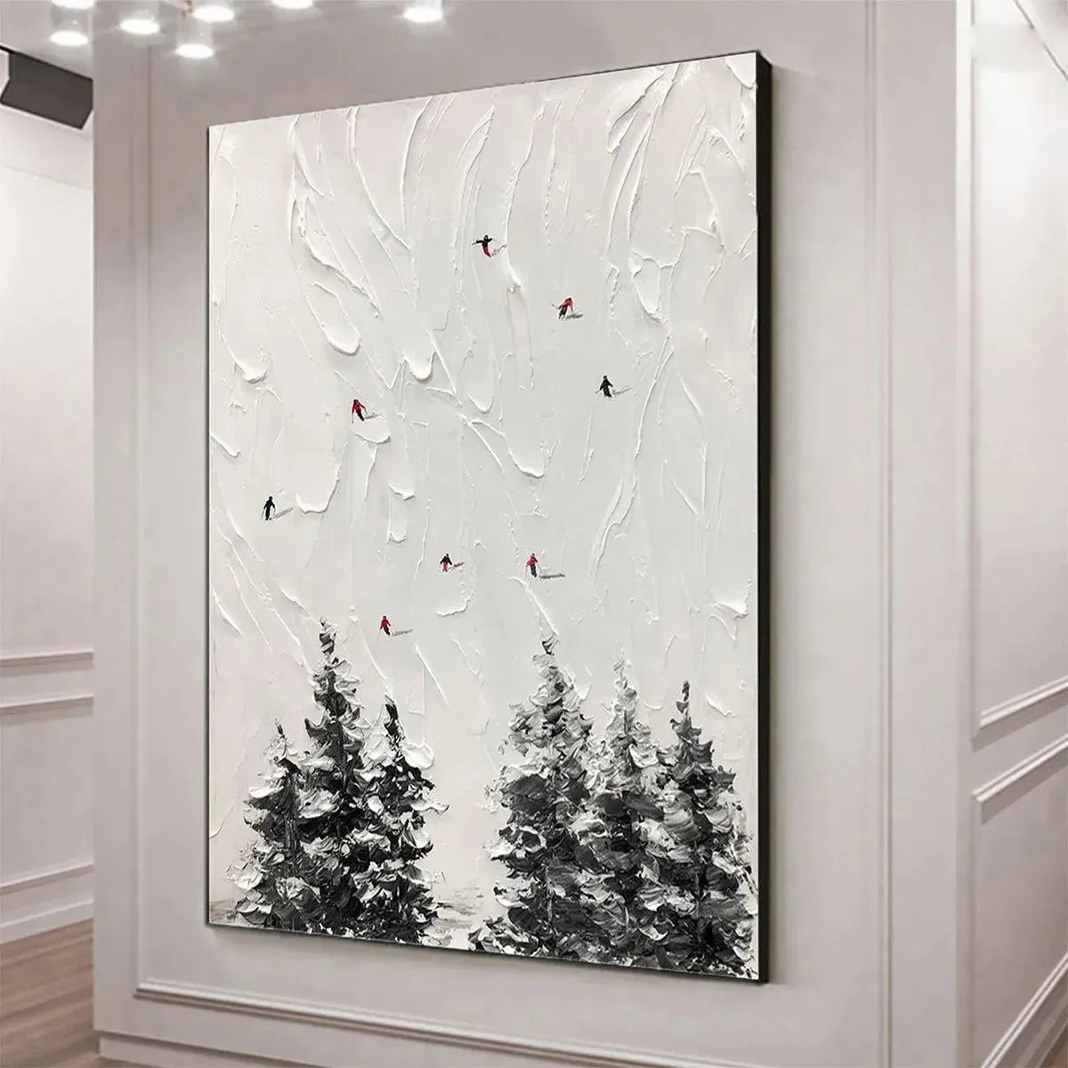 ALPINE SKI: Textured Minimalist Ski Scene Painting in Black and White - Image 4