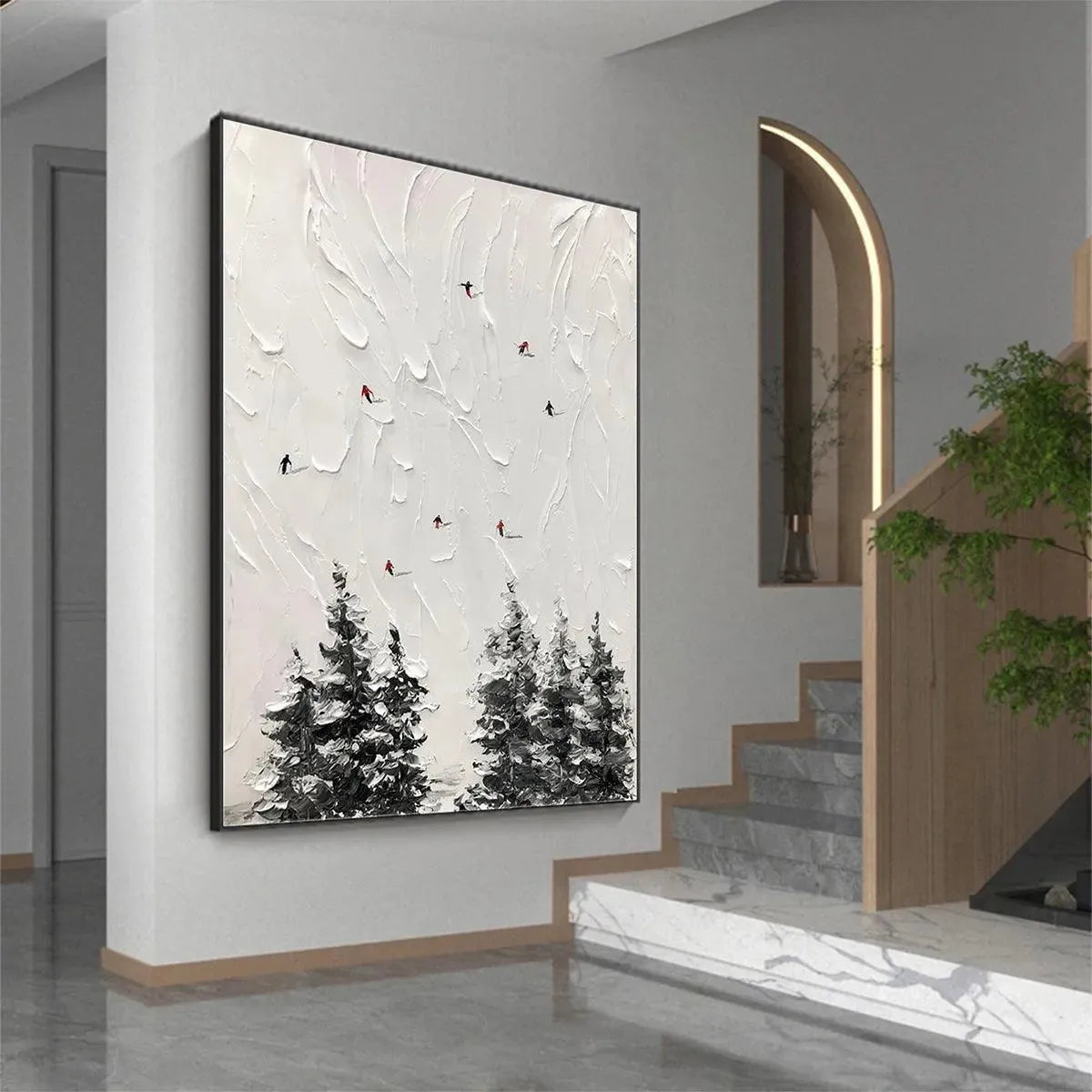ALPINE SKI: Textured Minimalist Ski Scene Painting in Black and White - Image 5