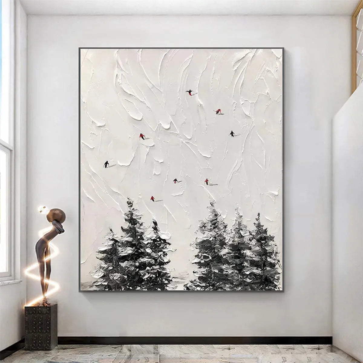 ALPINE SKI: Textured Minimalist Ski Scene Painting in Black and White - Image 7