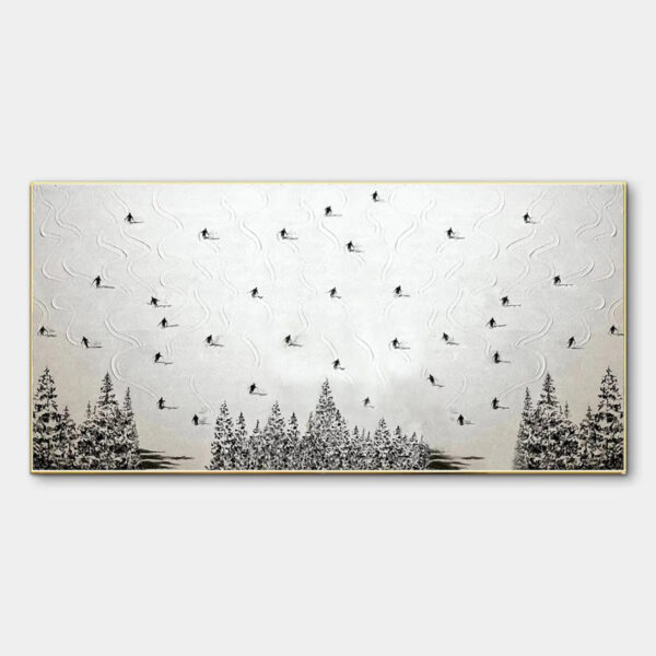ALPINE SYMPHONY: Minimalist Skiing Scene on Textured Canvas