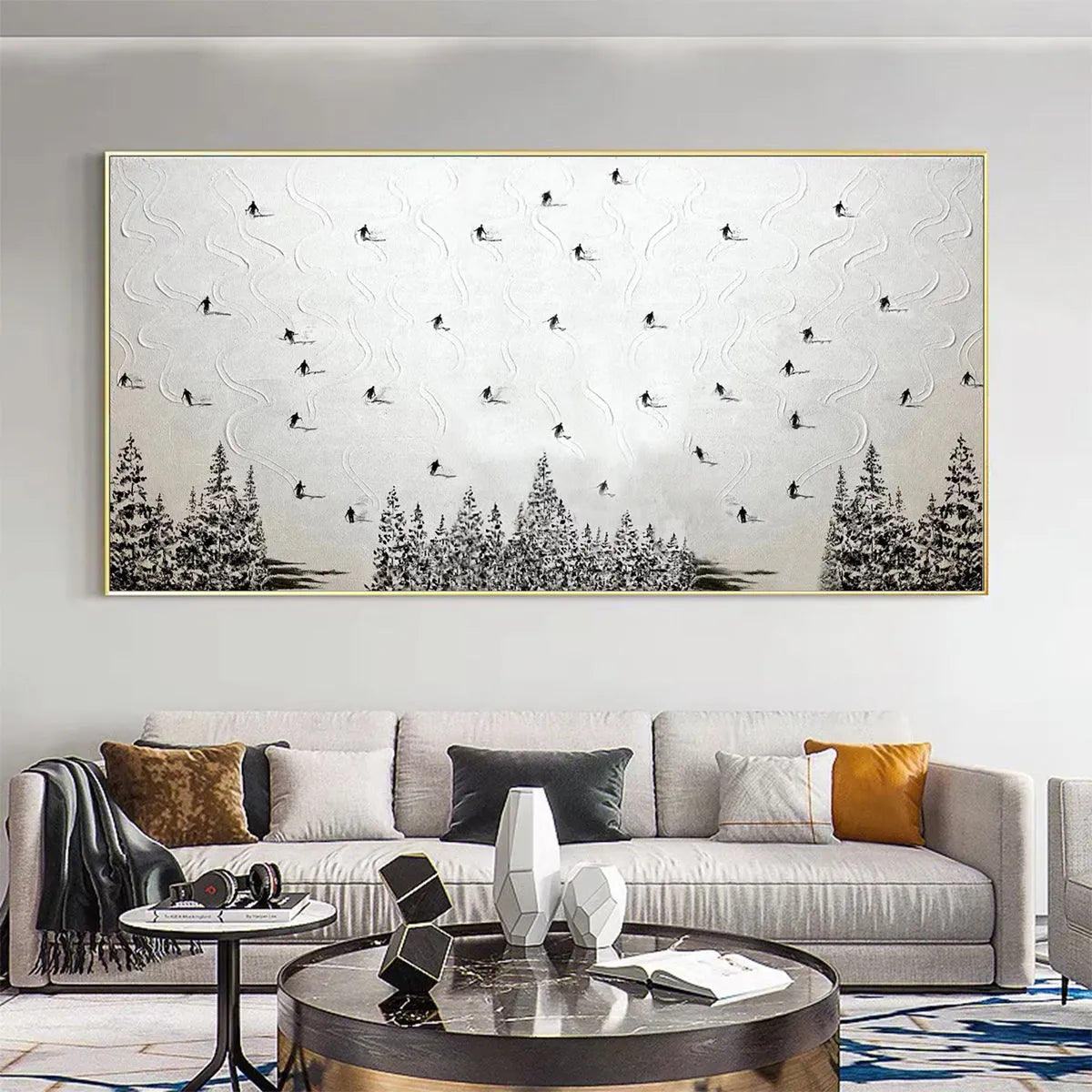 ALPINE SYMPHONY: Minimalist Skiing Scene on Textured Canvas - Image 2