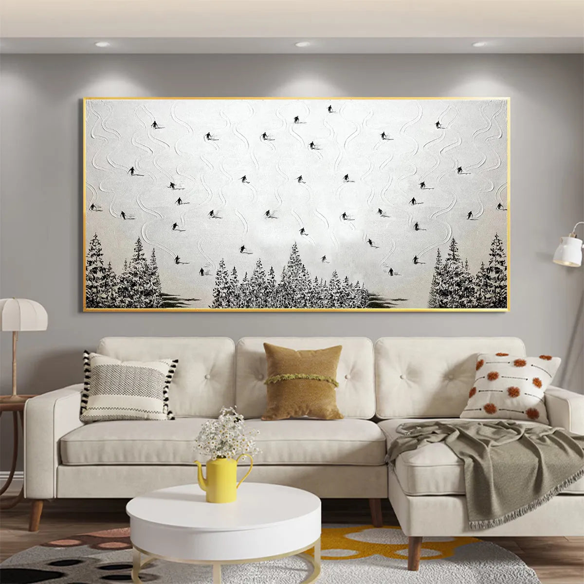 ALPINE SYMPHONY: Minimalist Skiing Scene on Textured Canvas - Image 4