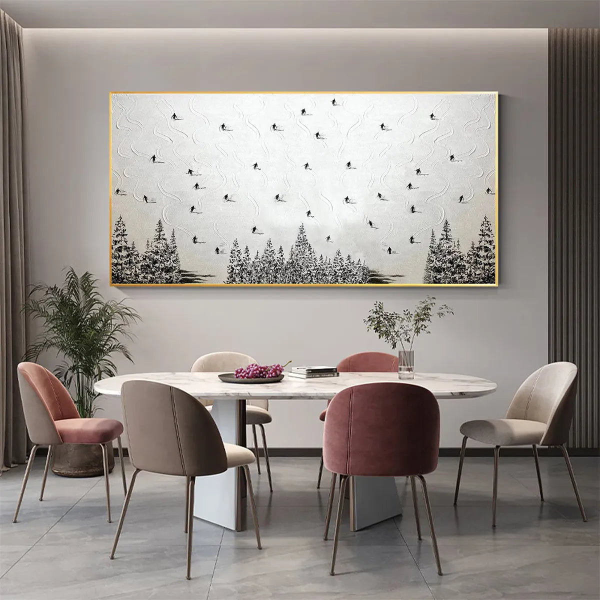 ALPINE SYMPHONY: Minimalist Skiing Scene on Textured Canvas - Image 7