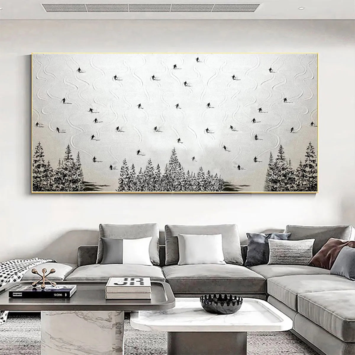 ALPINE SYMPHONY: Minimalist Skiing Scene on Textured Canvas - Image 8