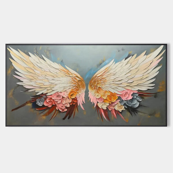 ANGEL WINGS: Panoramic Textured Impasto Painting of Floral Angel Wings, Romantic Wall Art, Bedroom Decor
