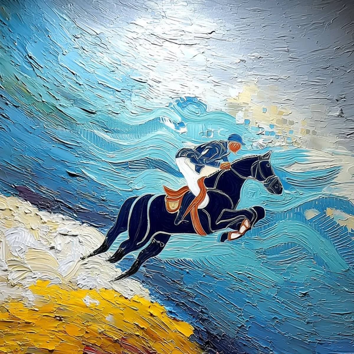 APEX JUMP: Dynamic Textured Equestrian Horse Jumping Painting - Image 3