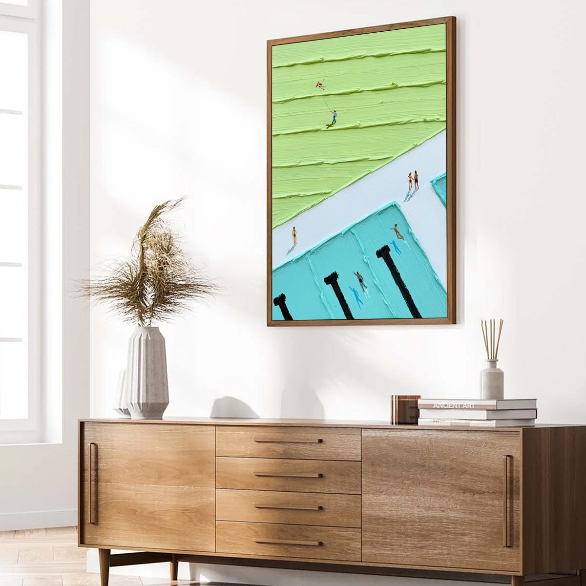 AQUA PROMENADE: Minimalist Poolside Cityscape Oil Painting - Image 8