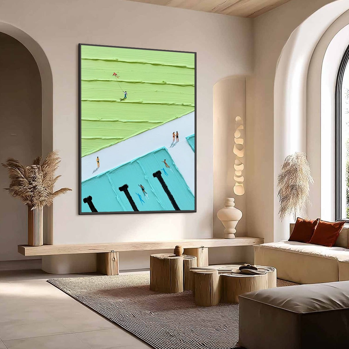 AQUA PROMENADE: Minimalist Poolside Cityscape Oil Painting - Image 7