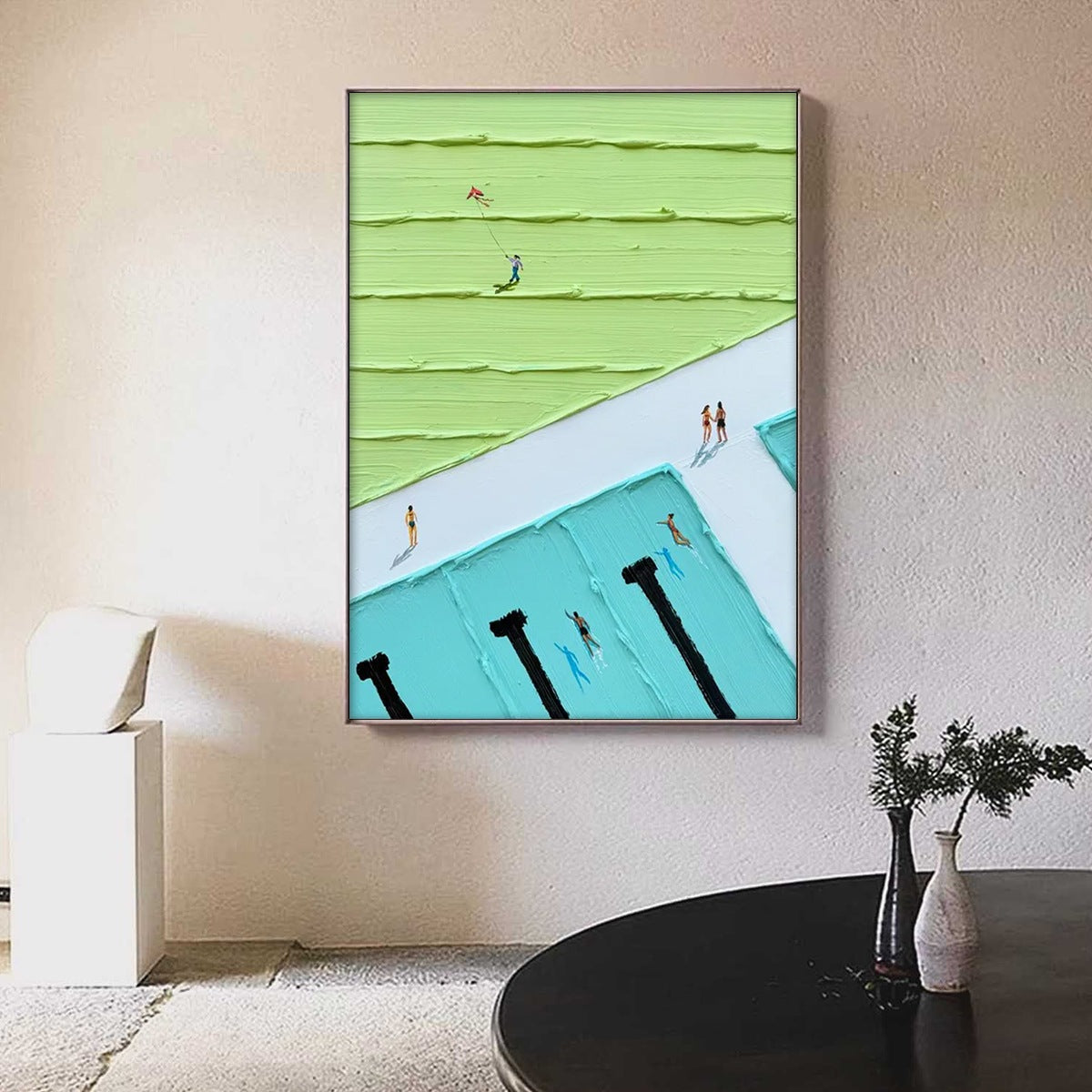 AQUA PROMENADE: Minimalist Poolside Cityscape Oil Painting - Image 2