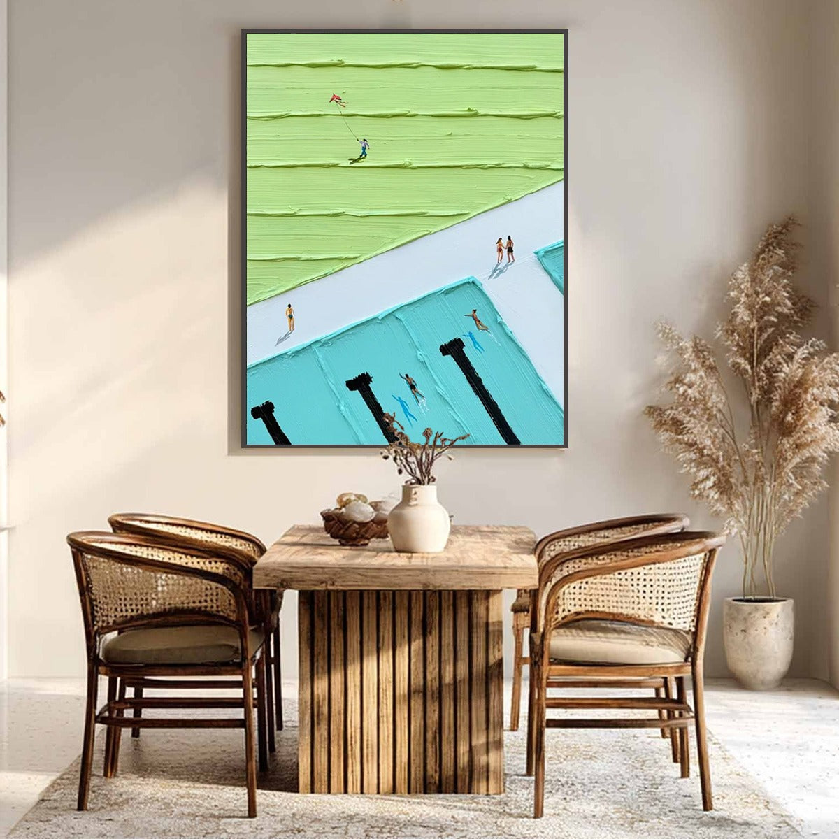 AQUA PROMENADE: Minimalist Poolside Cityscape Oil Painting - Image 3
