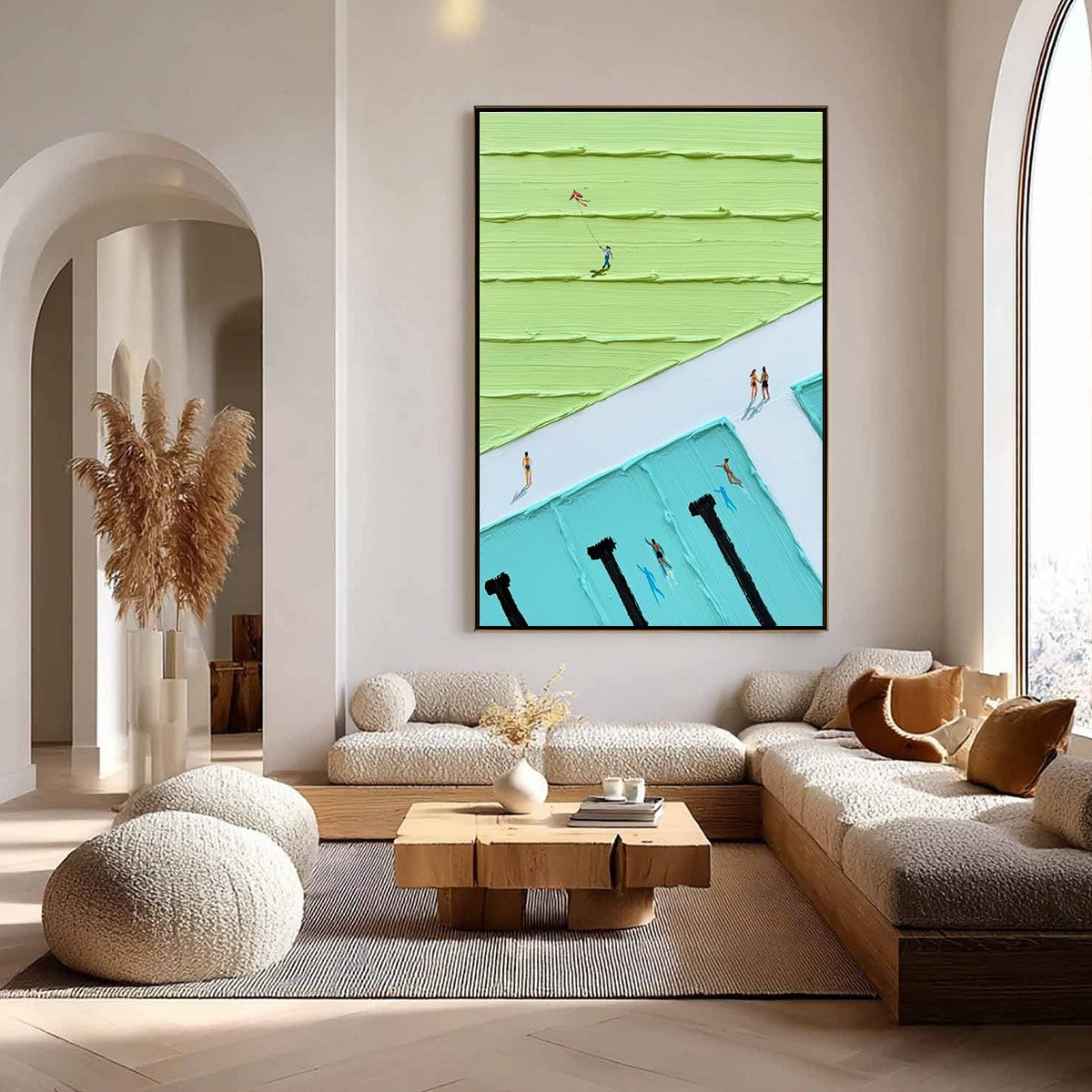 AQUA PROMENADE: Minimalist Poolside Cityscape Oil Painting - Image 5