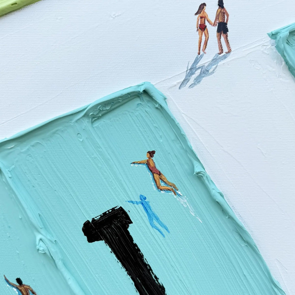 AQUA PROMENADE: Minimalist Poolside Cityscape Oil Painting - Image 6