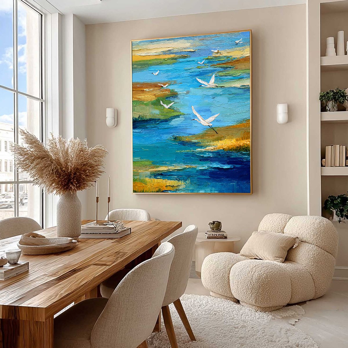 AQUAMARINE SOJOURN: Textured Impasto Coastal Landscape Painting with Birds - Image 7