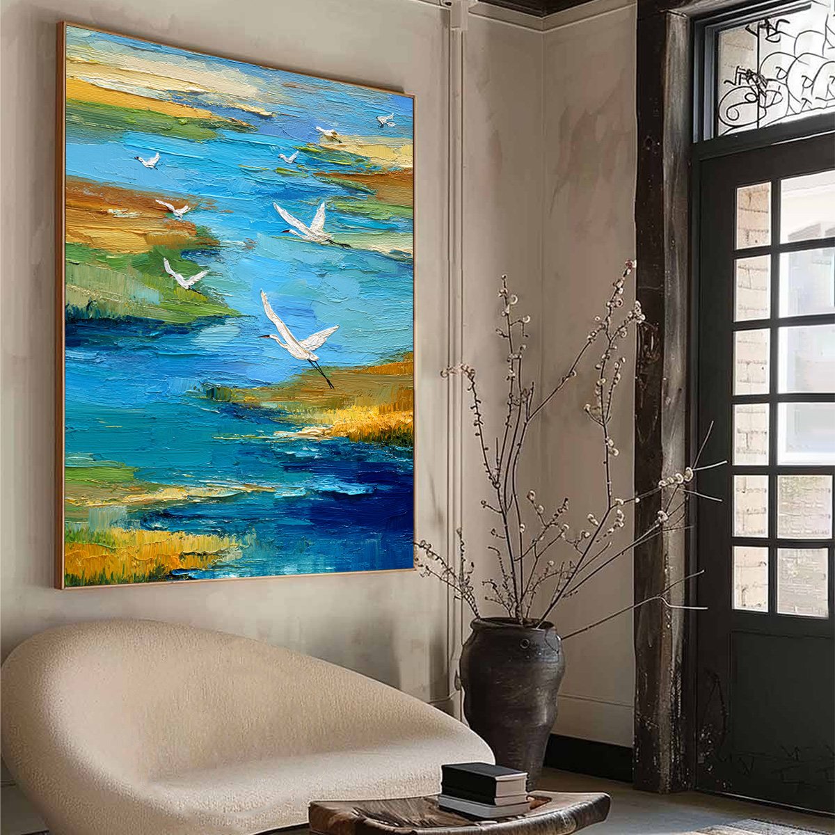 AQUAMARINE SOJOURN: Textured Impasto Coastal Landscape Painting with Birds - Image 8