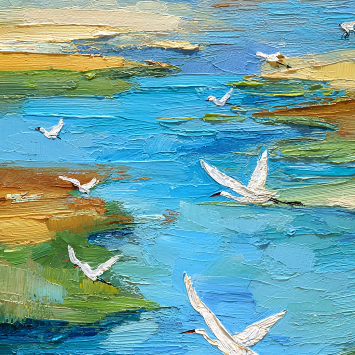 AQUAMARINE SOJOURN: Textured Impasto Coastal Landscape Painting with Birds - Image 5