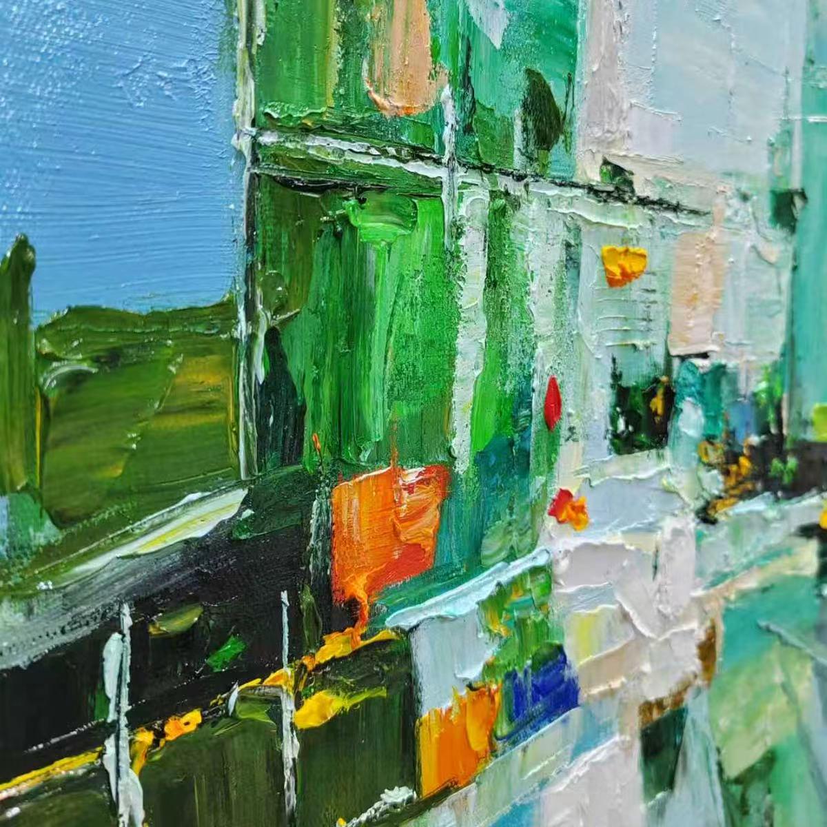 AQUAMARINE CITY: Textured Abstract Cityscape Oil Painting - Image 6