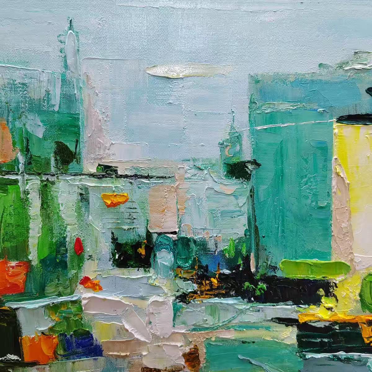AQUAMARINE CITY: Textured Abstract Cityscape Oil Painting - Image 3