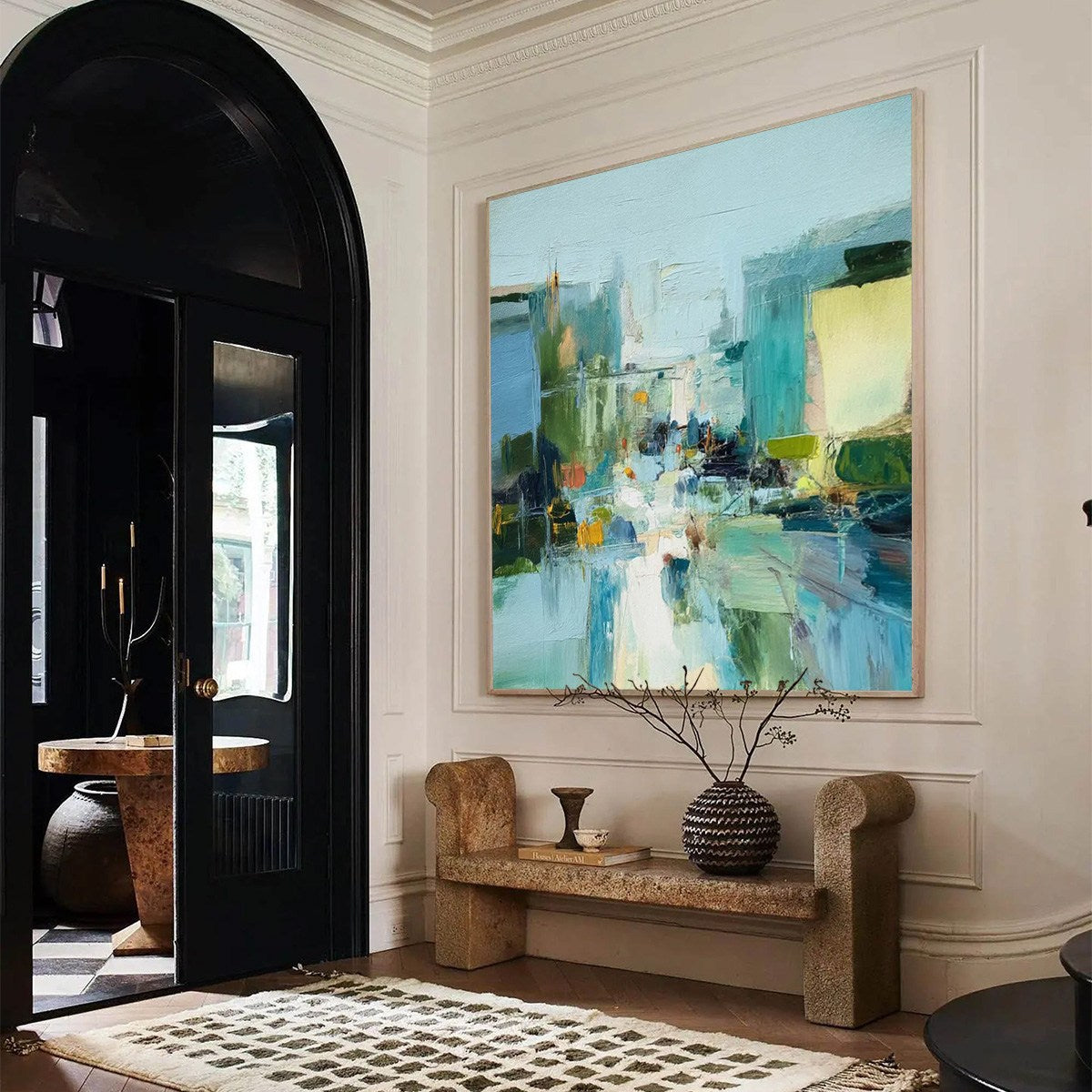 AQUAMARINE CITY: Textured Abstract Cityscape Oil Painting - Image 4