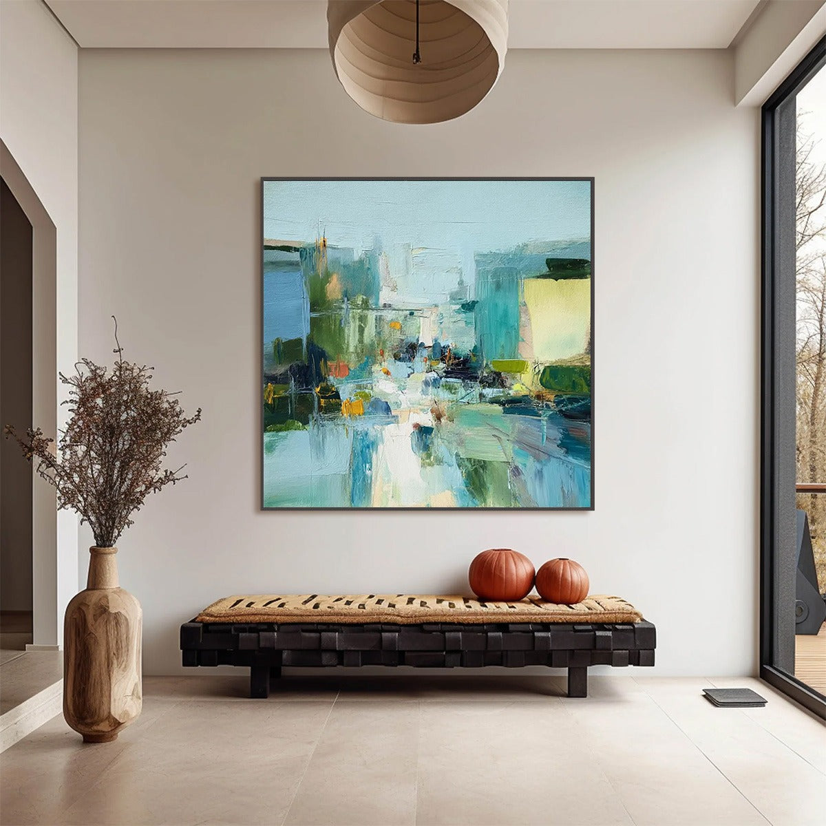 AQUAMARINE CITY: Textured Abstract Cityscape Oil Painting - Image 2