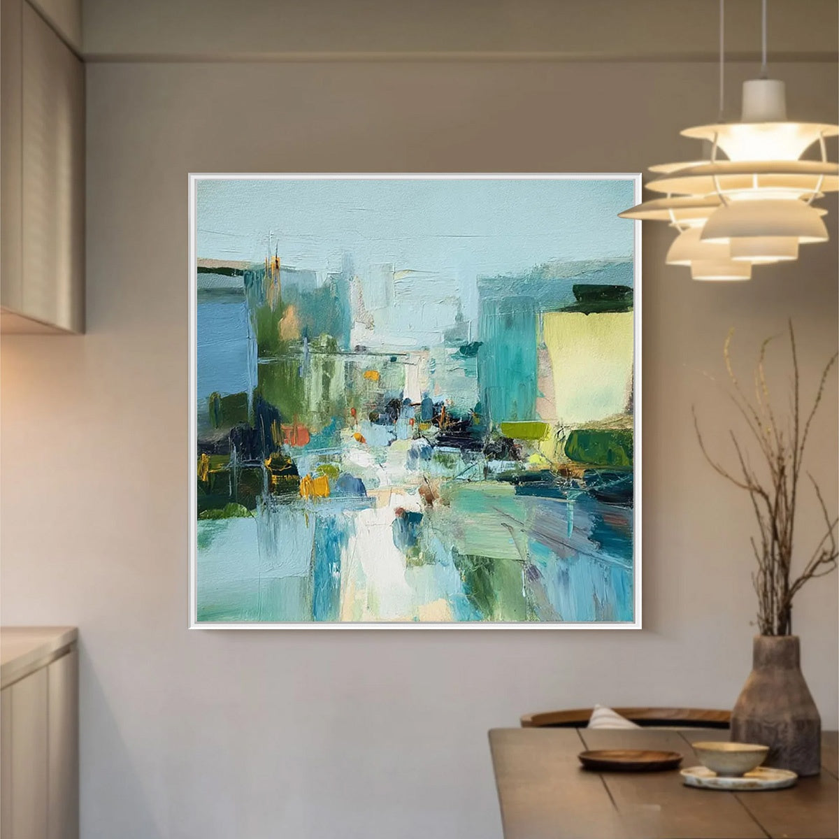 AQUAMARINE CITY: Textured Abstract Cityscape Oil Painting - Image 7