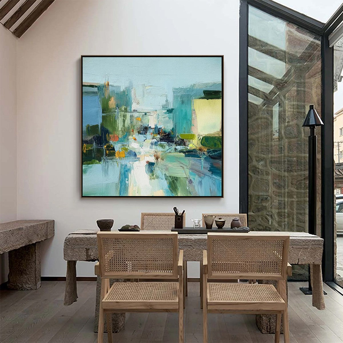 AQUAMARINE CITY: Textured Abstract Cityscape Oil Painting - Image 8