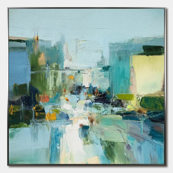 AQUAMARINE CITY: Textured Abstract Cityscape Oil Painting