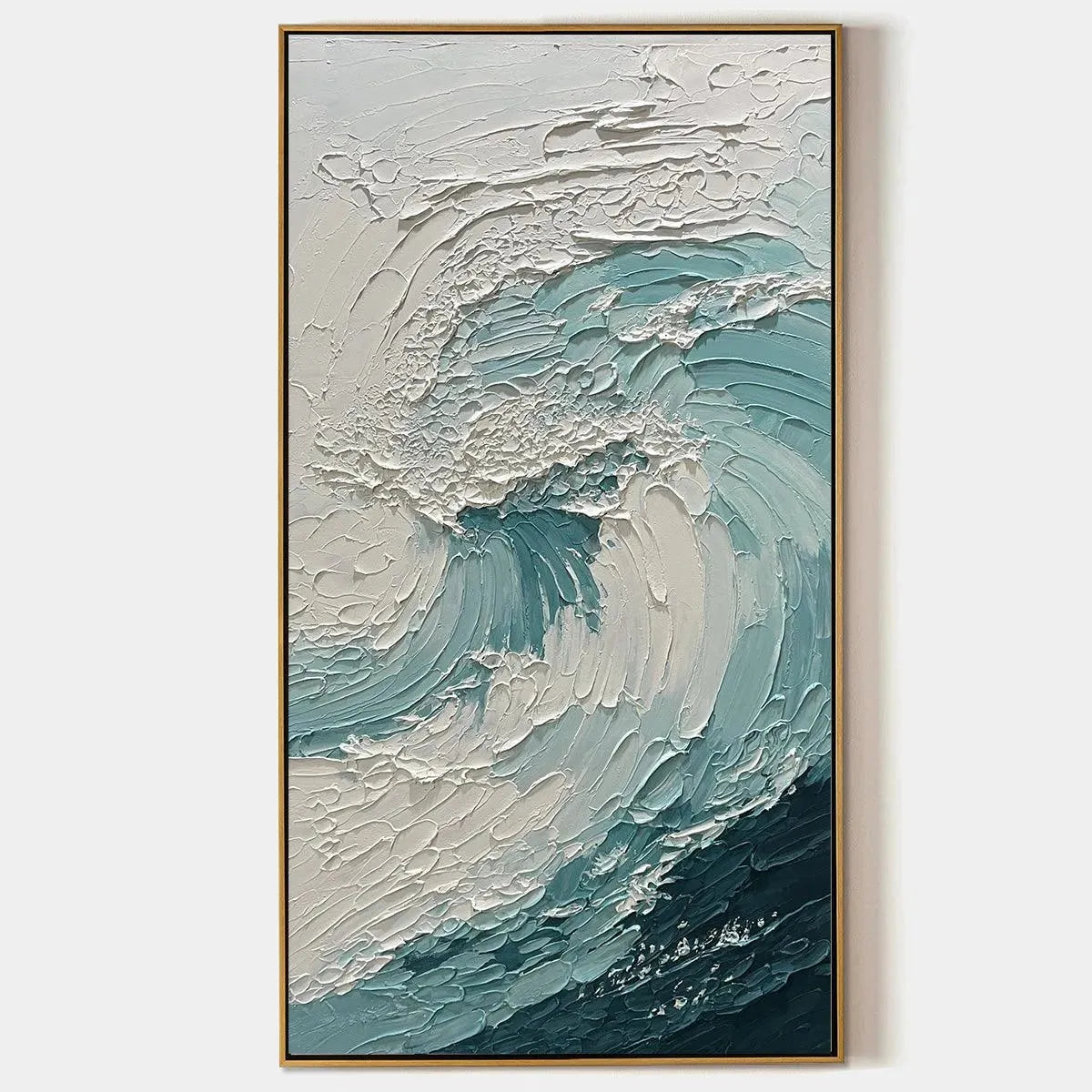 AQUAMARINE CREST: Textured Ocean Wave Painting, Vertical Canvas, Coastal Wall Art